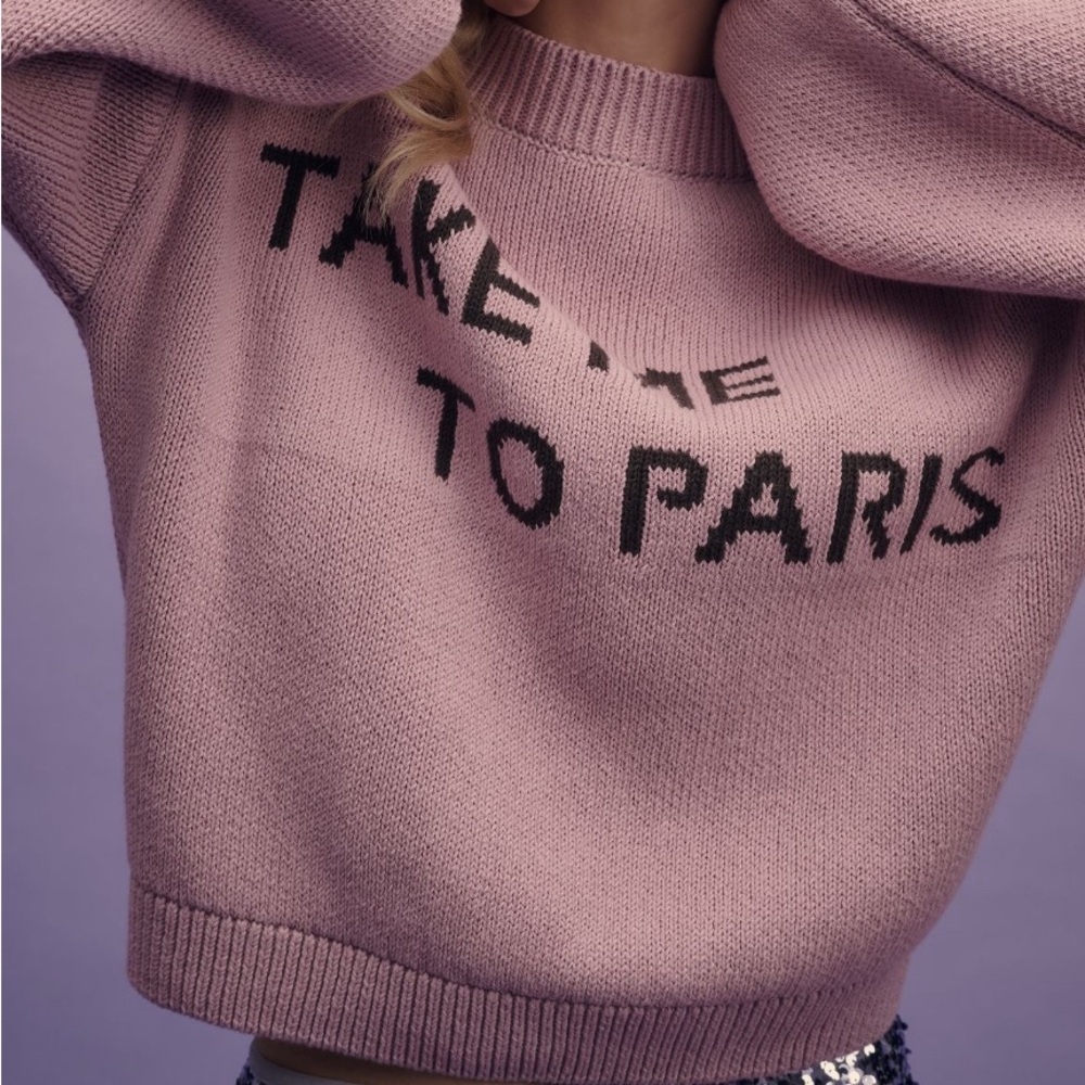 Anthropologie Pink Crew Neck Sweater with text-color pinkish/purple.